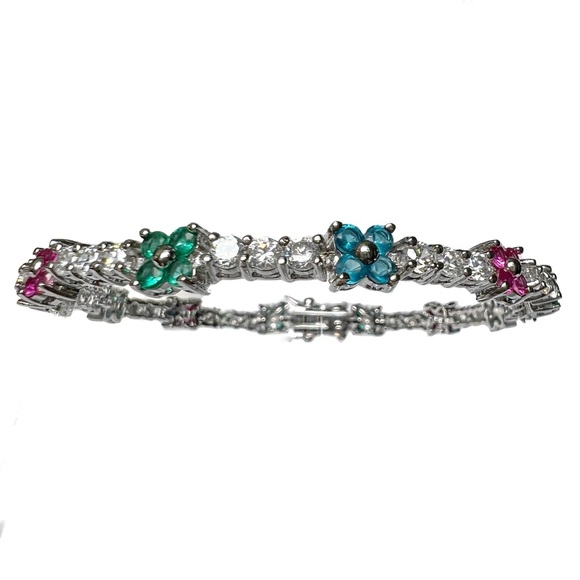 FANCY 10K White Gold Plated Pink Green Blue Flowers Crystal Tennis Bracelet - Picture 3 of 10